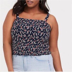 Torrid Size 1 Challis Navy Ditzy Floral Smocked Crop Tank Top Cami Cottagecore